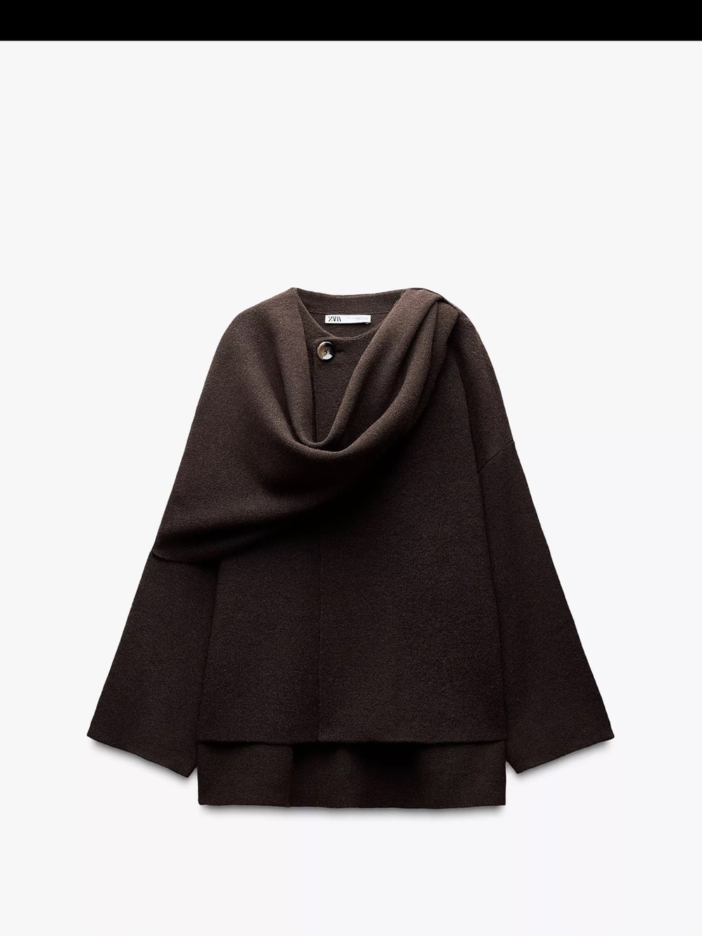 Zara Dark Brown Cowl-Neck Wool-Blend Sweater with Button